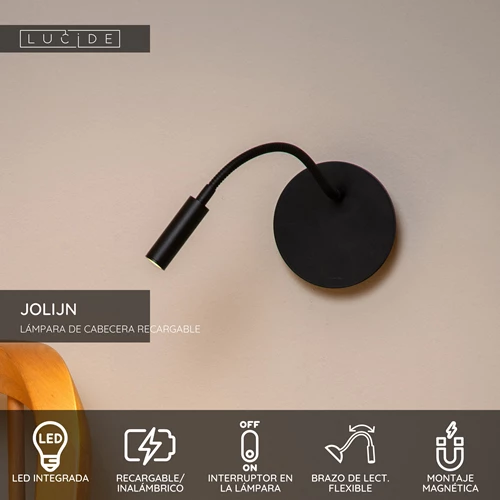 Lucide JOLIJN - Lámpara de cabecera / Lámpara de pared Recargable - Batería/acumulador - Ø 11 cm - LED - 1x2W 3000K - Magnético - Negro - USP